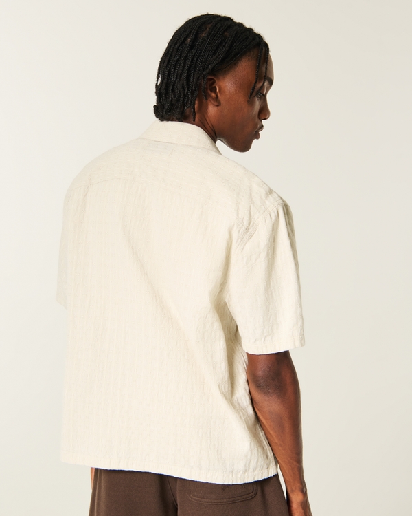 Boxy Short-Sleeve Textured Button-Through Shirt, Light Tan view 2