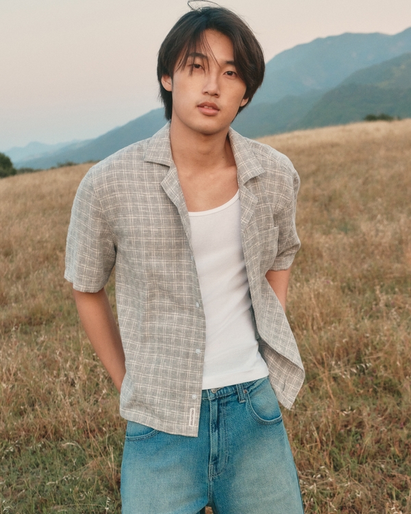 Boxy Short-Sleeve Textured Button-Through Shirt, Gray Pattern view 1