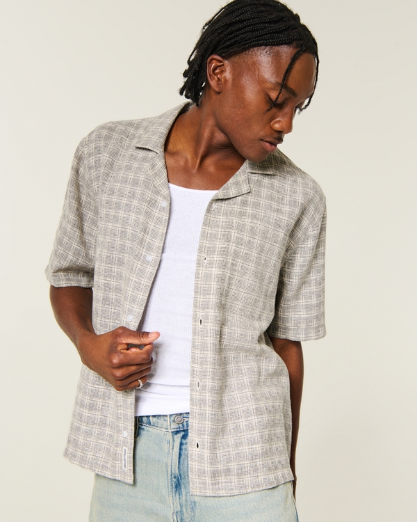 Camisa texturizada abotonada de corte cuadrado y manga corta, Estampado Gris view 1