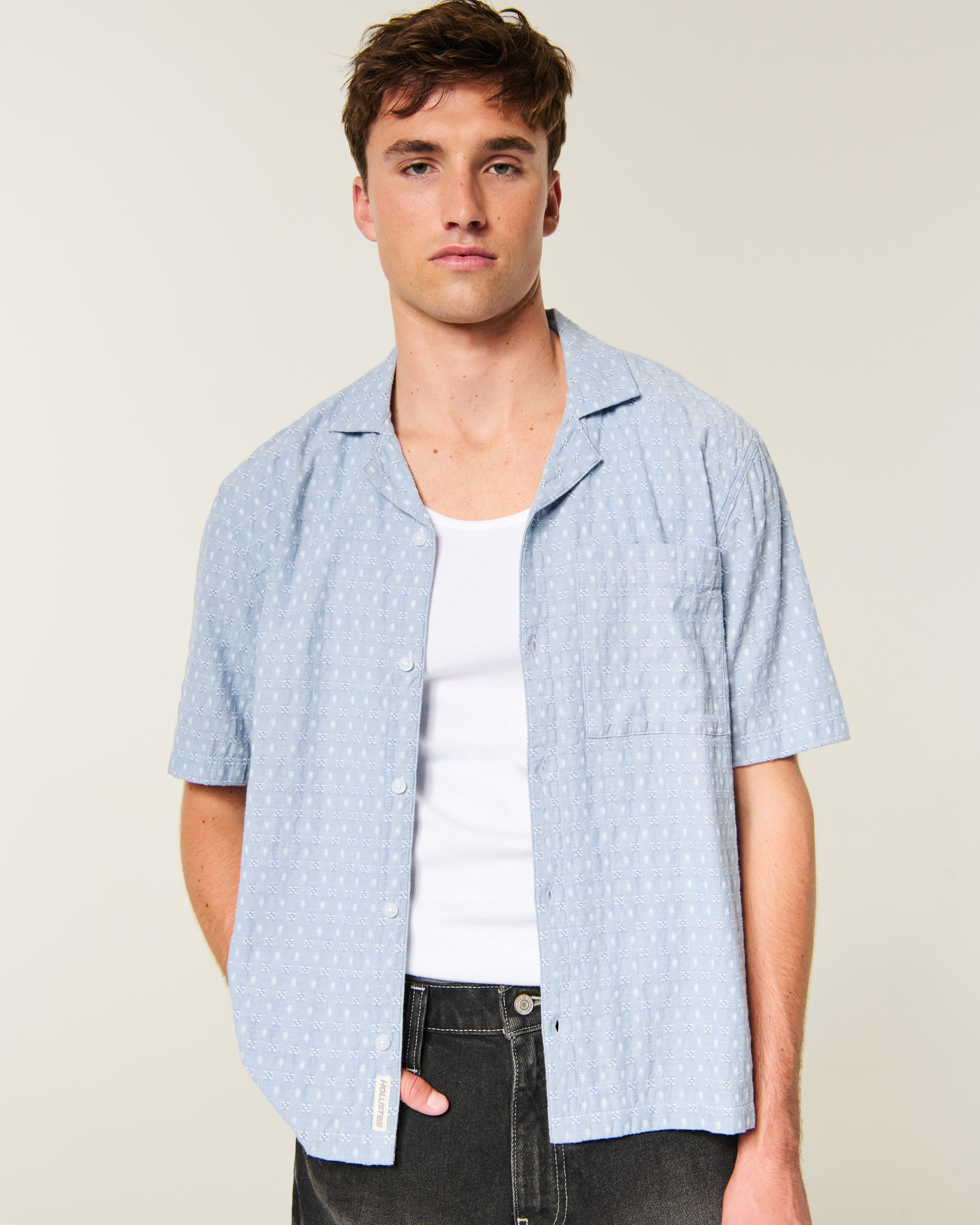 Boxy Short-Sleeve Textured Button-Through Shirt