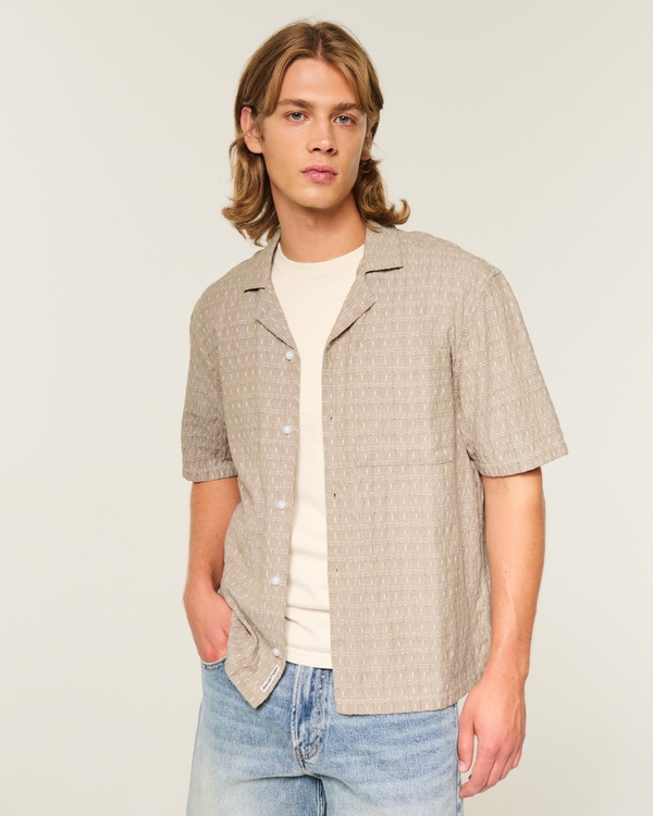 Boxy Short-Sleeve Textured Button-Through Shirt, Dark Tan view 1