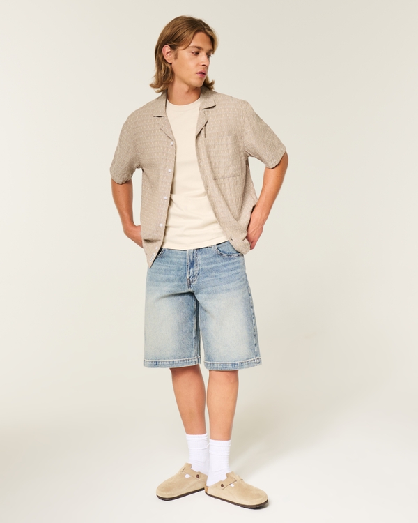 Boxy Short-Sleeve Textured Button-Through Shirt, Dark Tan view 2