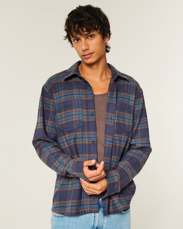 Boxy Flannel Shirt, Navy Plaid view 1