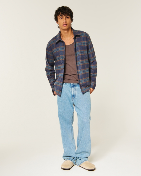 Boxy Flannel Shirt, Navy Plaid view 2