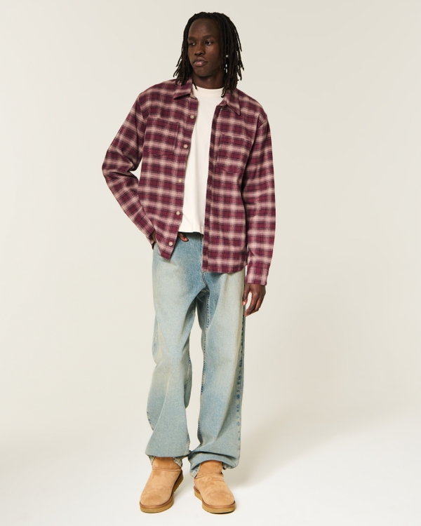 Boxy Brushed Flannel Shirt, Maroon Plaid view 2