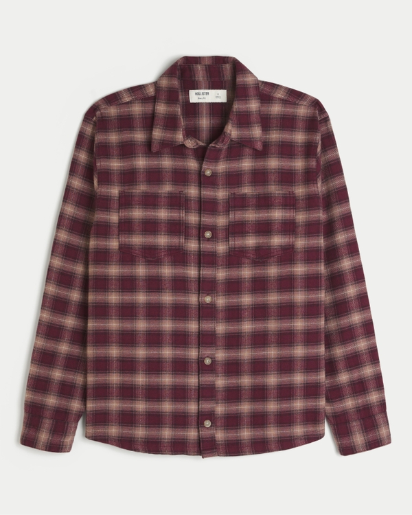 Boxy Brushed Flannel Shirt, Maroon Plaid view 1