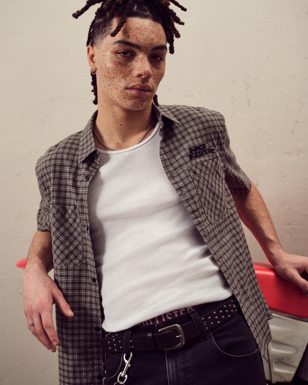 Boxy Short-Sleeve No Fear Graphic Shirt, Black Plaid view 1