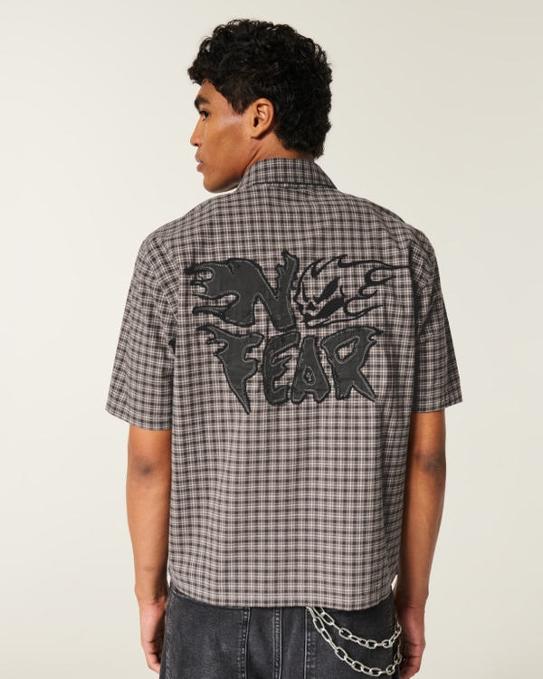 Boxy Short-Sleeve No Fear Graphic Shirt, Black Plaid view 2