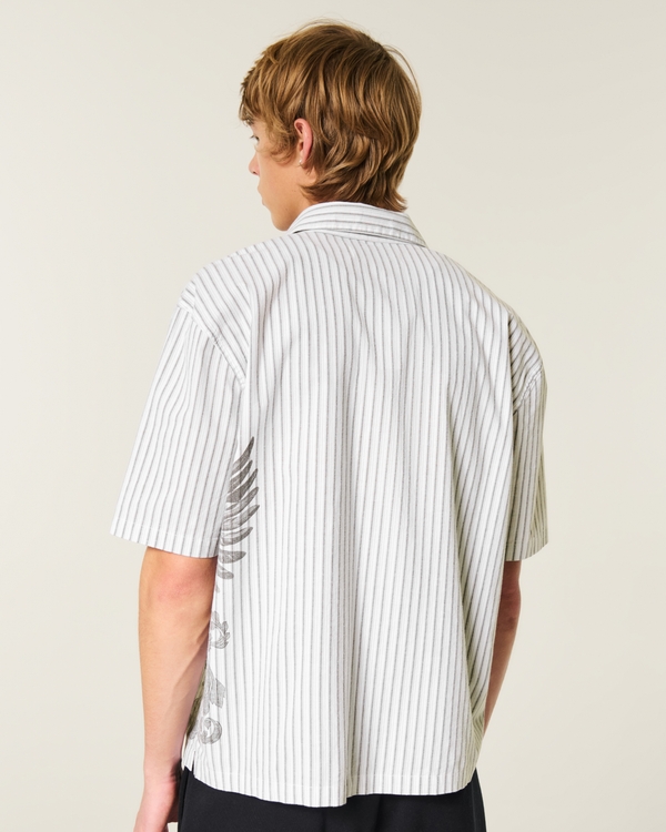 black dress and tan heels PINSTRIPE LINEN SHORT SLEEVE SHIRT