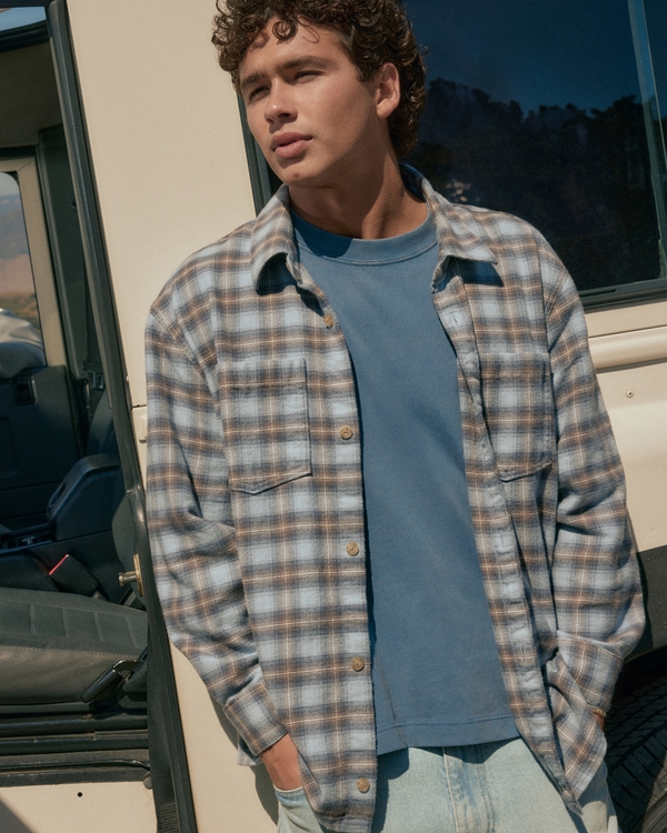 Boxy Brushed Flannel Shirt, Light Blue Plaid view 1