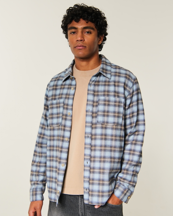 Boxy Brushed Flannel Shirt, Light Blue Plaid view 2
