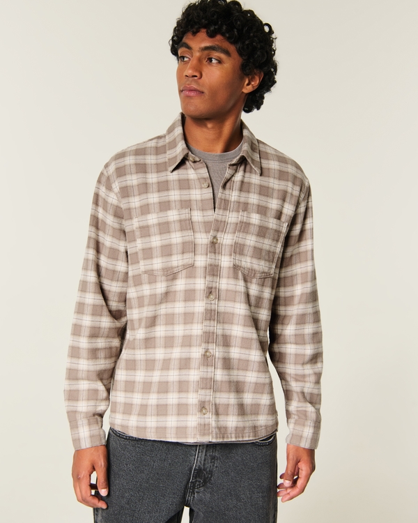 Boxy Brushed Flannel Shirt, Light Brown Plaid view 1