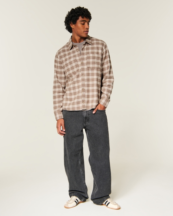 Boxy Brushed Flannel Shirt, Light Brown Plaid view 2