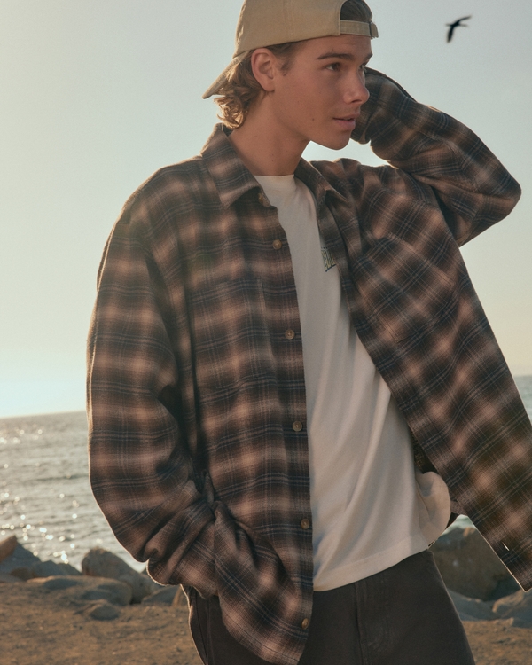 Boxy Brushed Flannel Shirt, Brown Plaid view 1