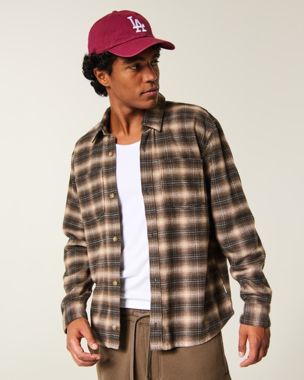 Boxy Brushed Flannel Shirt, Brown Plaid view 2