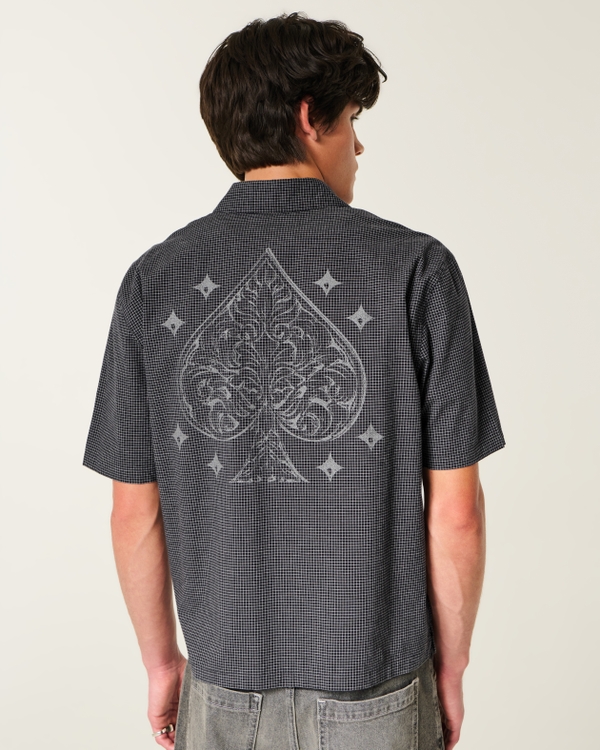 Boxy Short-Sleeve Graphic Shirt, Black Micro Check view 1