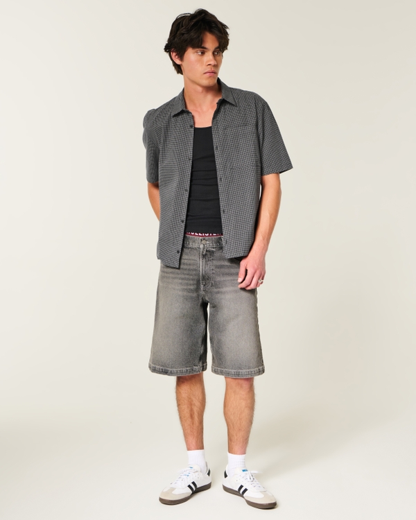 Boxy Short-Sleeve Graphic Shirt, Black Micro Check view 2