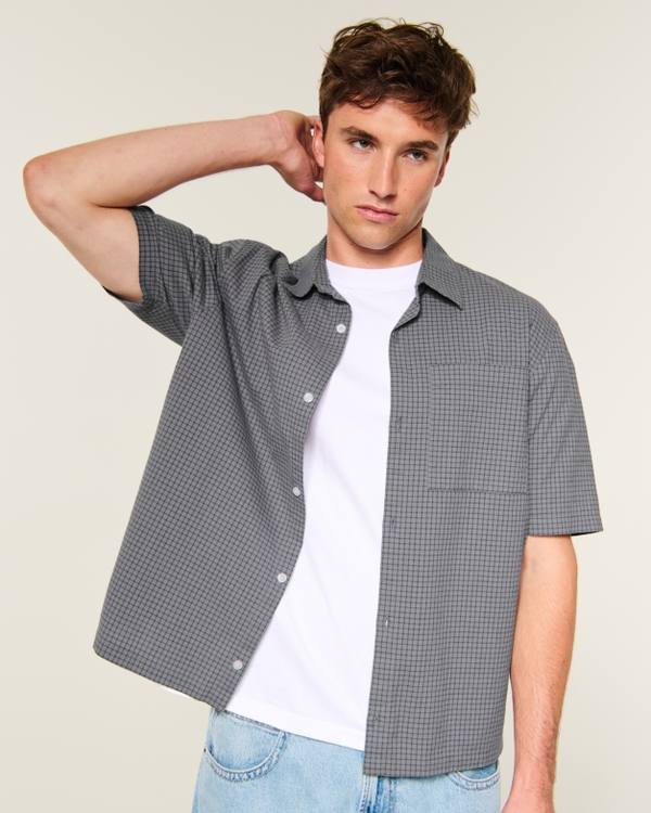 Boxy Short-Sleeve Check Shirt, Dark Gray Check view 1
