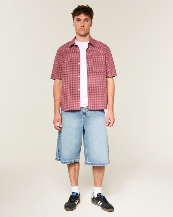 Boxy Short-Sleeve Check Shirt, Red Check view 2