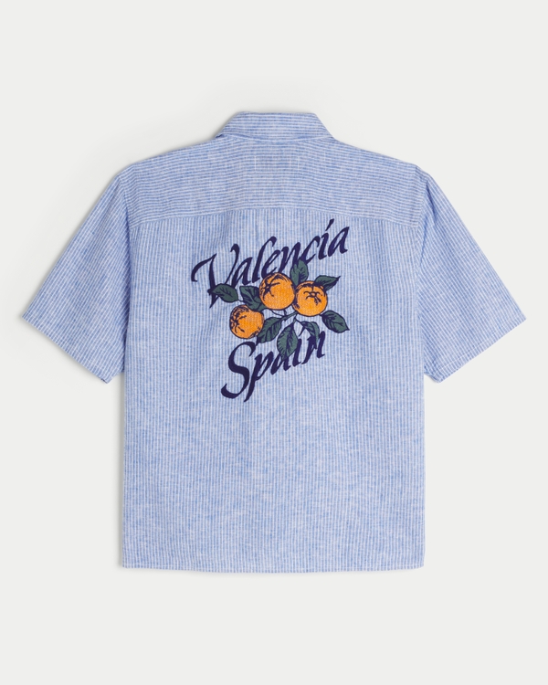 Boxy Short-Sleeve Valencía Spain Graphic Shirt, Blue Stripe view 1
