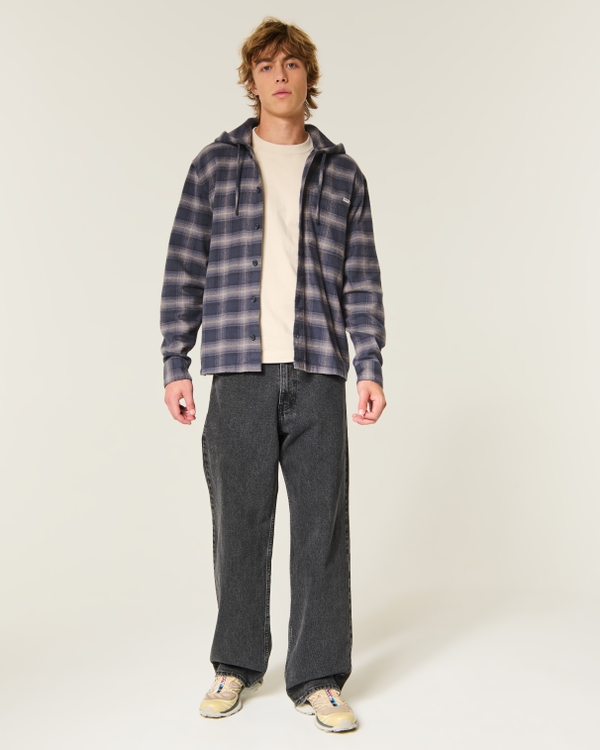 Boxy Hooded Flannel Shirt, Navy Plaid view 2