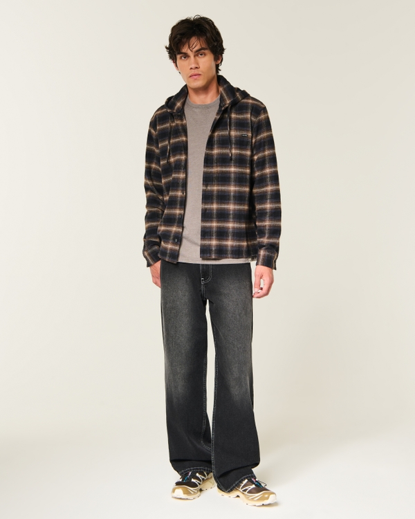 Boxy Hooded Flannel Shirt, Black Pattern view 2