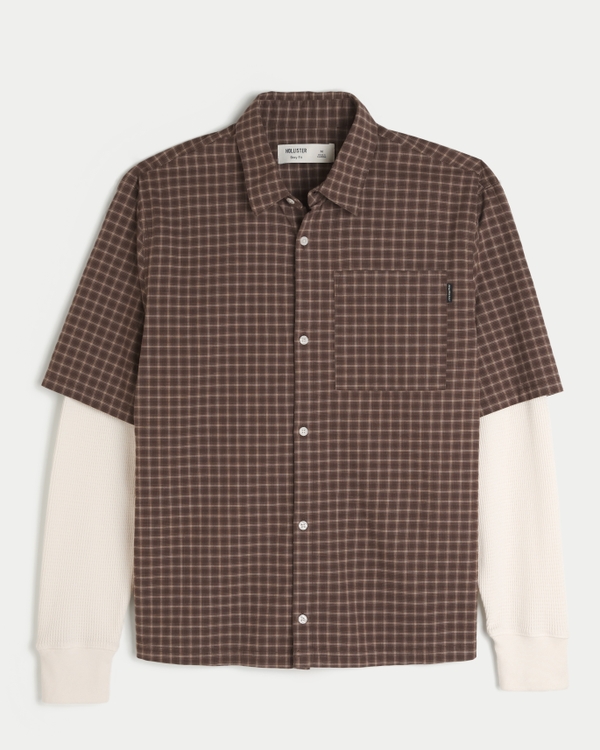 Boxy Layered 2-in-1 Shirt, Dark Brown Plaid view 1