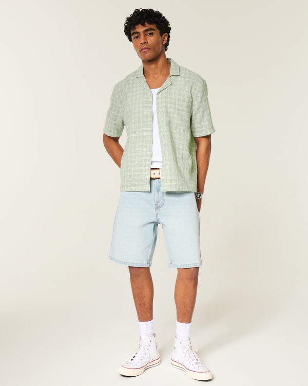 Boxy Short-Sleeve Textural Shirt, Green Pattern view 2