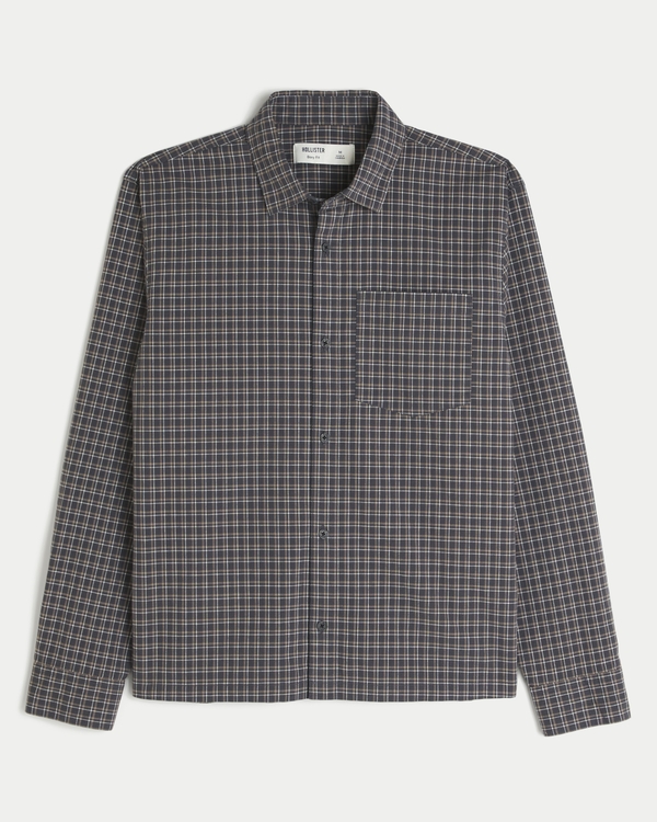 Boxy Poplin Button-Through Shirt, Dark Gray Plaid view 1