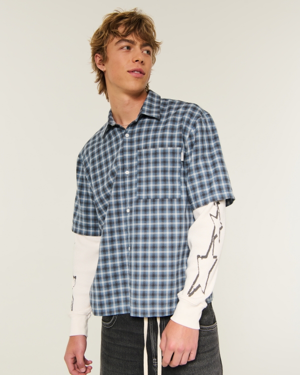 Boxy Thermal Twofer Shirt, Blue Plaid view 1