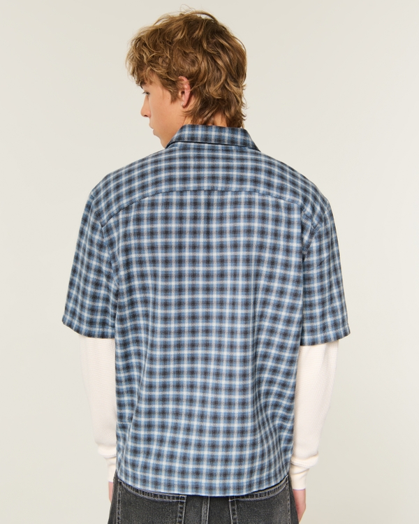 Boxy Thermal Twofer Shirt, Blue Plaid view 2