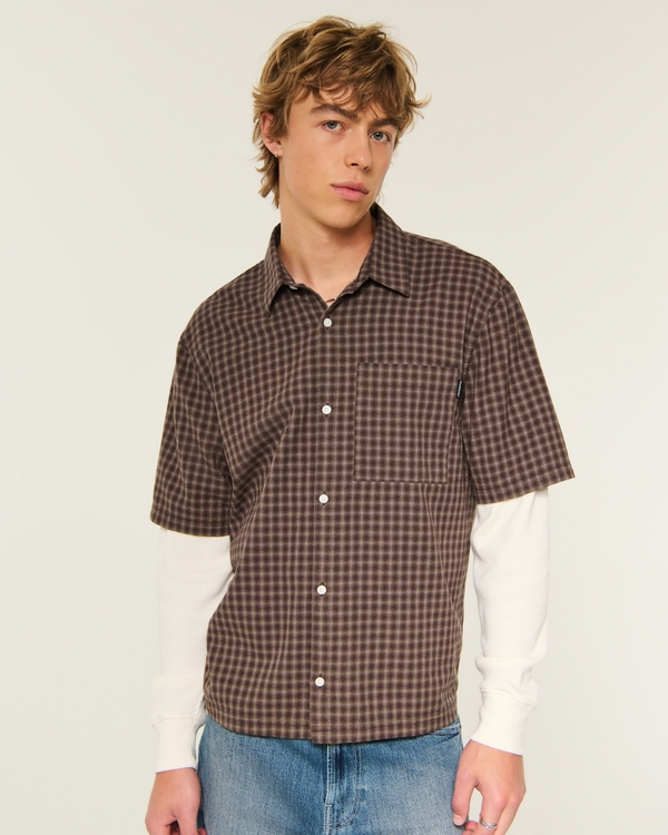 Boxy Thermal Twofer Shirt, Brown Plaid view 1