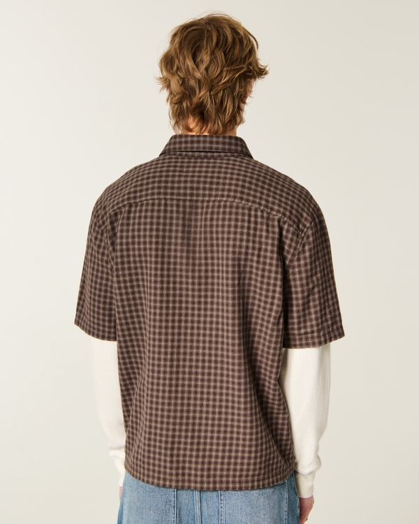 Boxy Thermal Twofer Shirt, Brown Plaid view 2