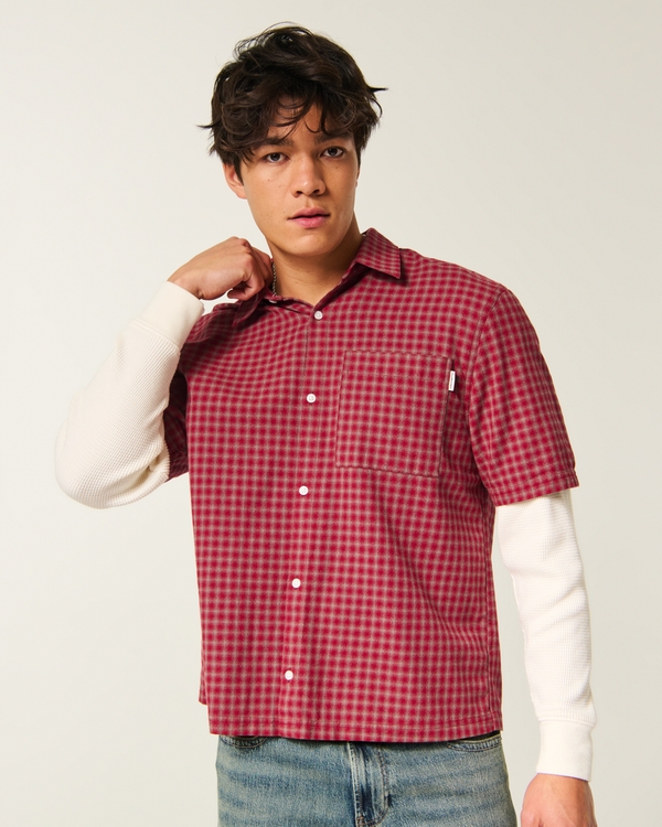 Boxy Thermal Twofer Shirt, Red Plaid view 1