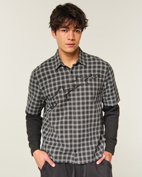 Boxy Thermal Twofer Shirt, Black Plaid view 1