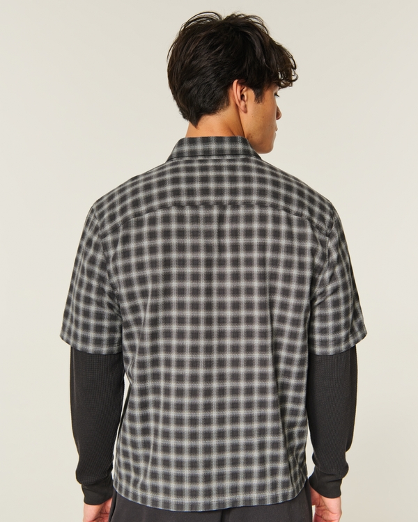 Boxy Thermal Twofer Shirt, Black Plaid view 2
