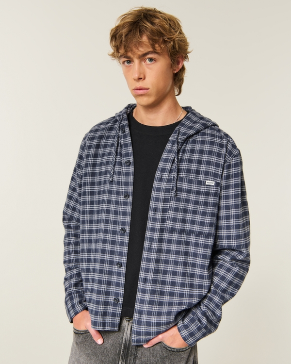Boxy Hooded Button-Through Flannel Shirt, Navy Plaid view 1