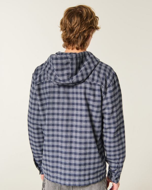 Boxy Hooded Button-Through Flannel Shirt, Navy Plaid view 2