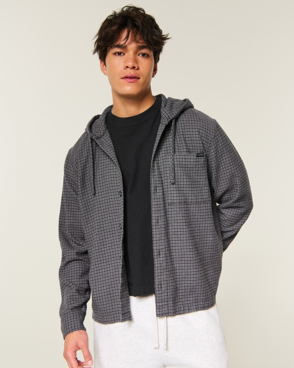 Boxy Hooded Button-Through Flannel Shirt, Black Pattern view 1