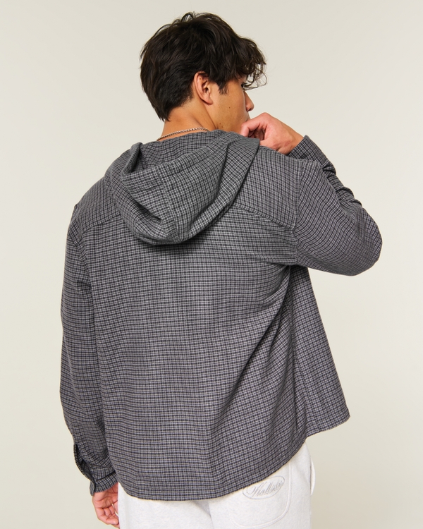 Boxy Hooded Button-Through Flannel Shirt, Black Pattern view 2