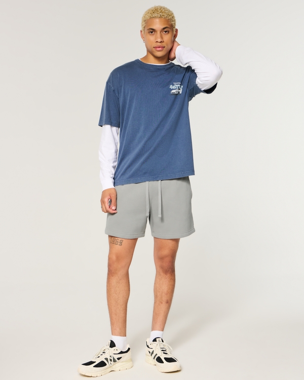 Hollister Feel Good Mid-Thigh Fleece Shorts, Gray view 1