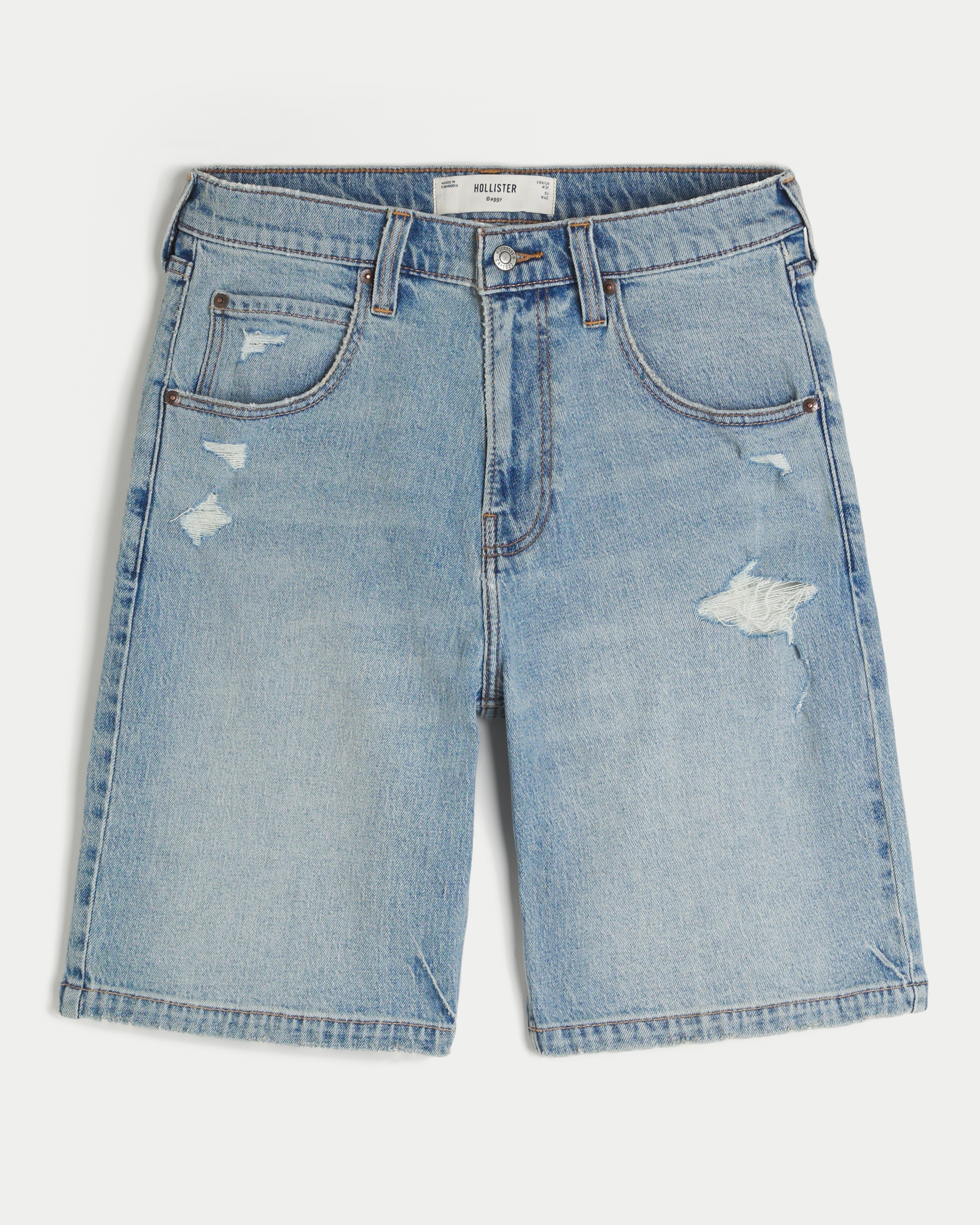 Ripped Medium Wash Baggy Jean Shorts