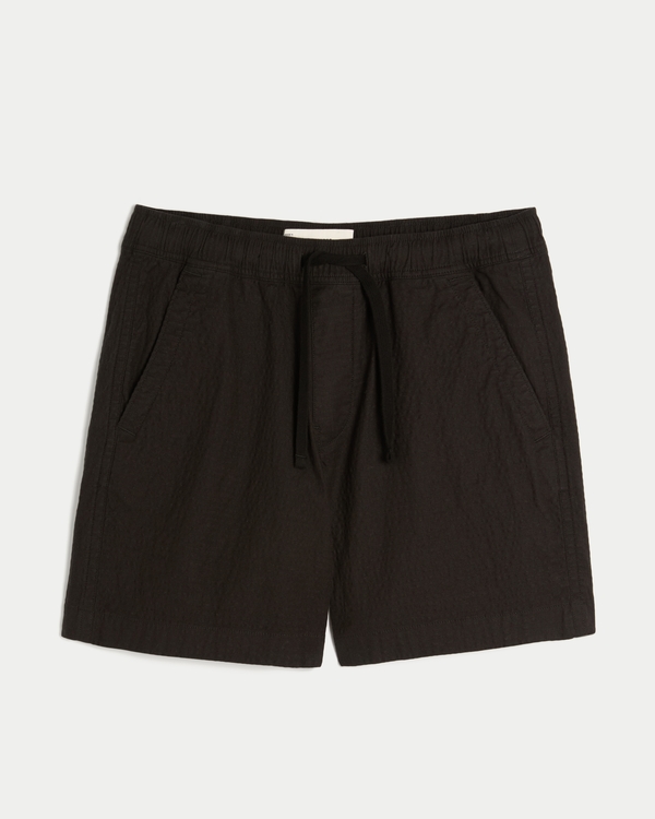 Above-the-Knee Seersucker Pull-On Shorts, Black view 1