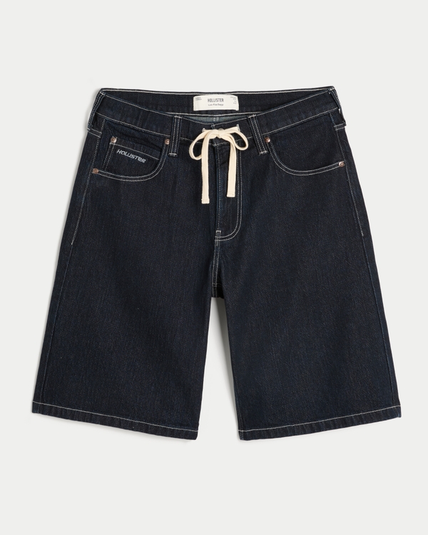 Low-Rise Drawstring Waist Baggy Jean Shorts, Dark Rinse view 1