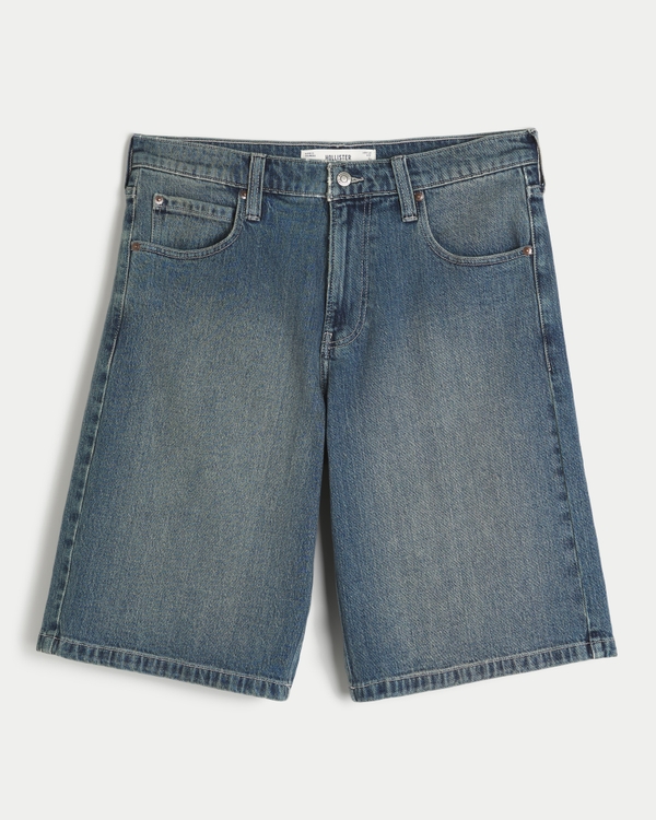 Low-Rise Back Pocket Graphic Baggy Jean Shorts, Medium Wash view 1