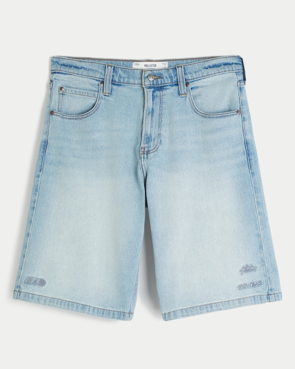 Low-Rise Tokyo Embroidery Baggy Jean Shorts, Light Wash view 1