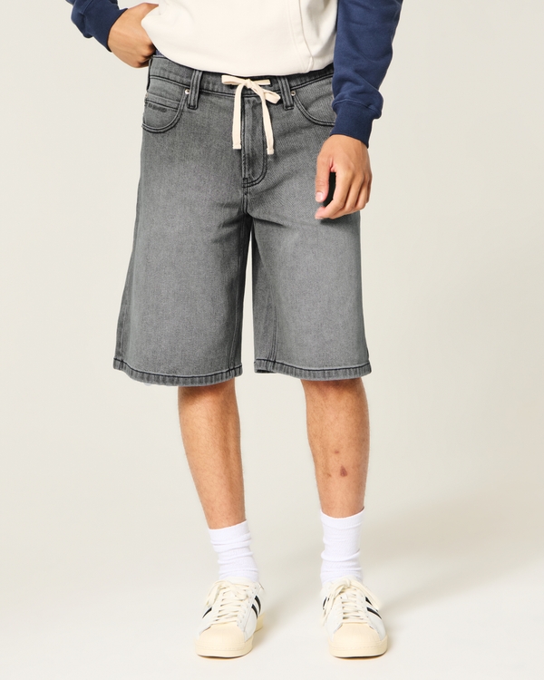 Low-Rise Drawstring Waist Baggy Jean Shorts, Black Wash view 2