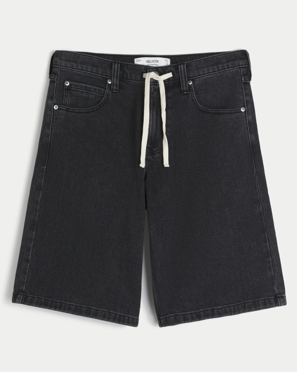 Low-Rise Drawstring Waist Baggy Jean Shorts, Washed Black view 1