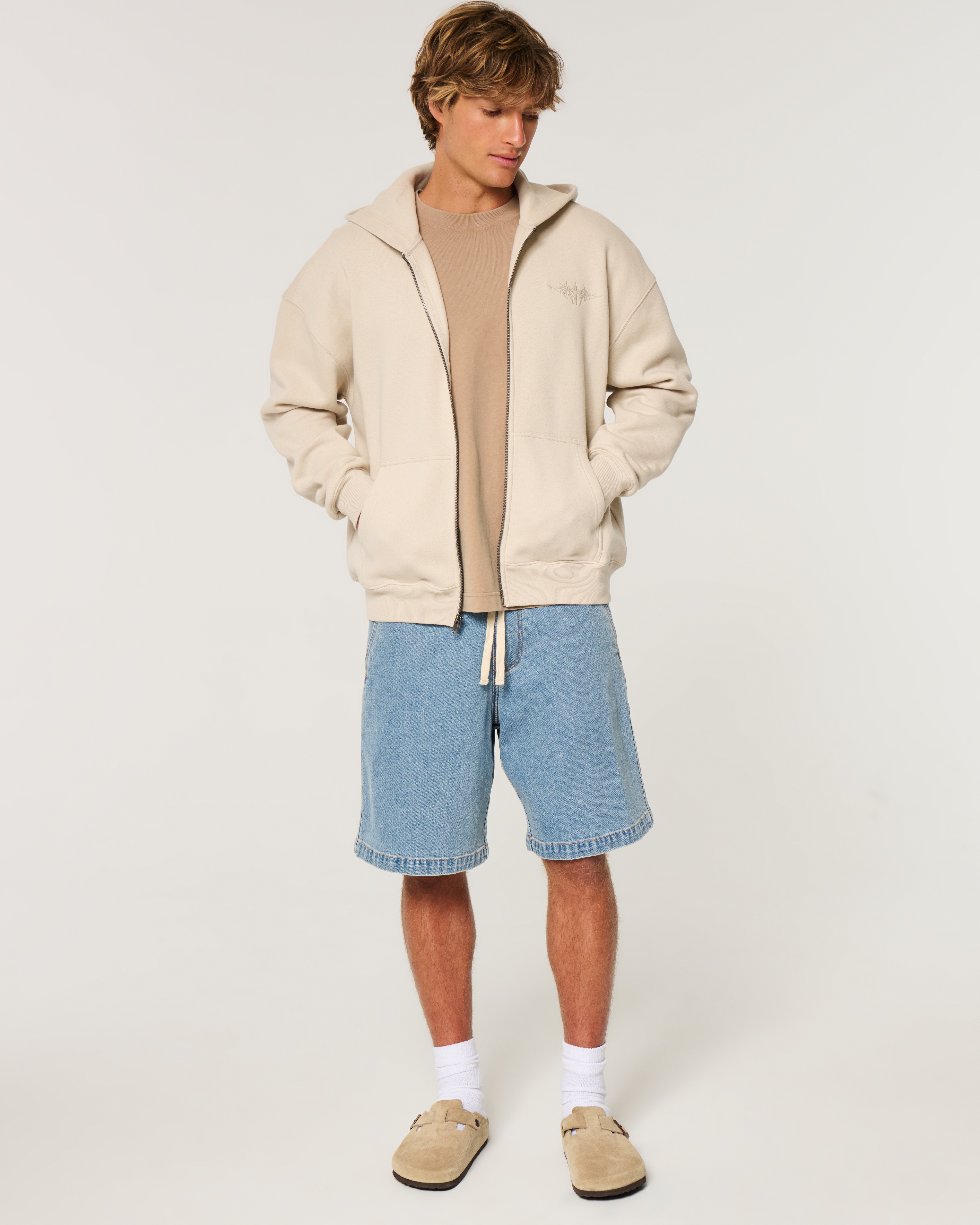 At-the-Knee Baggy Pull-On Jean Shorts