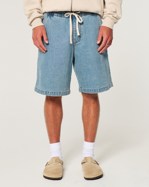 At-the-Knee Baggy Pull-On Jean Shorts, Medium Wash view 2